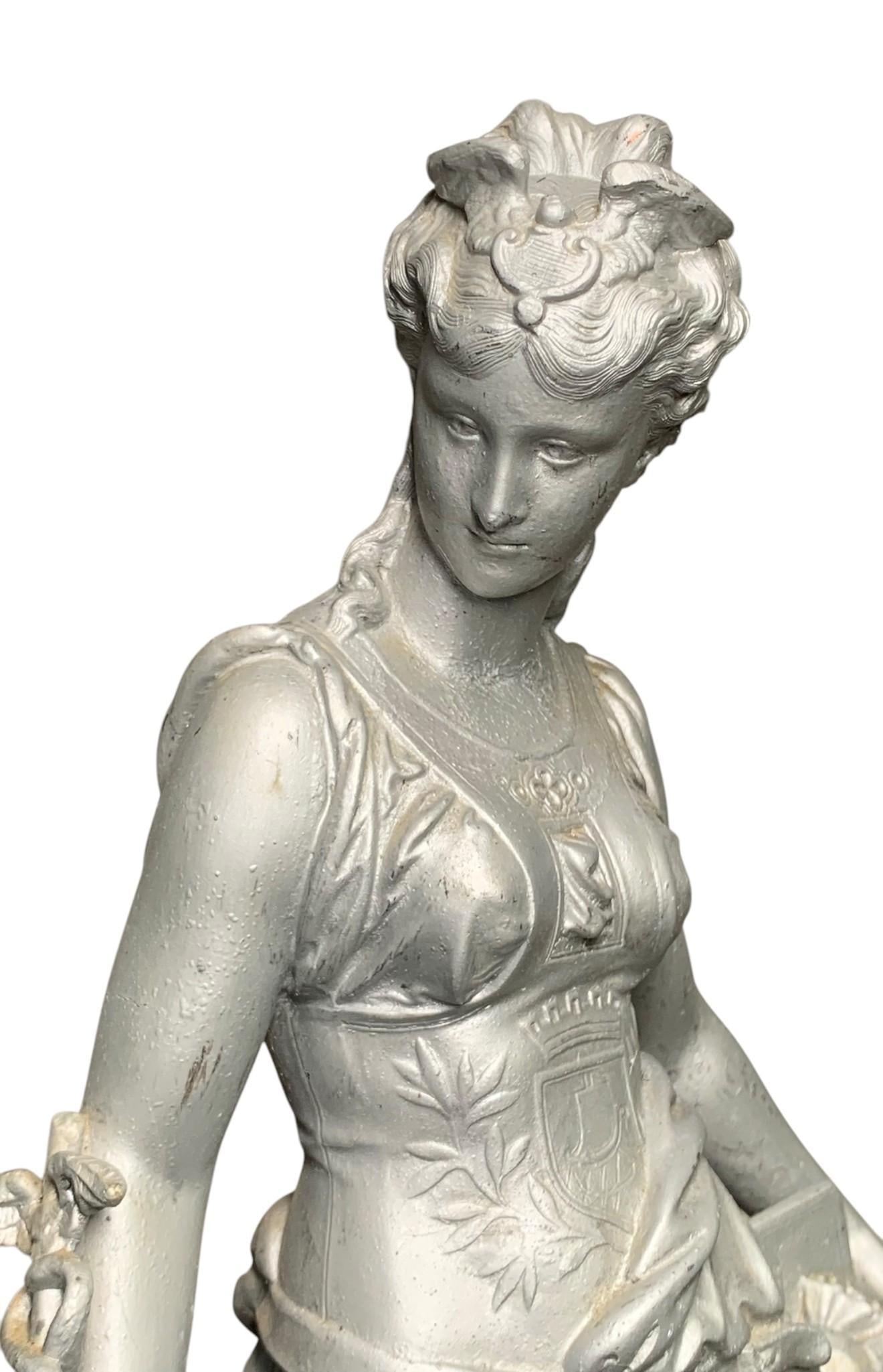 Striking Antique 19th Century Spelter Neoclassical Goddess Sculpture: 15 1/2" x 7 1/2", felt covered base, hefty in weight with some age and wear, the anchor is Not attached to the sculpture.