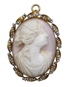 19th Century 10k Gold, Seed Pearl, Hand Carved Soft Pink Cameo Brooch, Pendant
