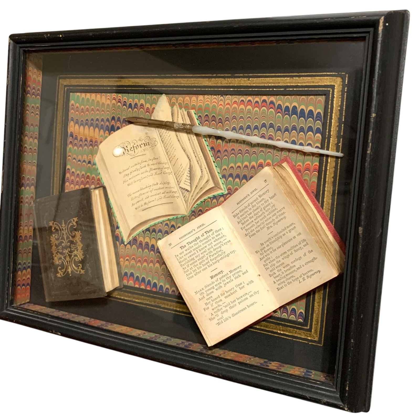 Antique Turkish Marbled Endpaper Lined Dip Pen & Miniature Books Shadowbox Vignette: Lovely shadowbox vignette containing a early mother of pearl nobbed branch Dip Pen with John McGovern #2 tip, miniature Friendship Jewel book and Crumbs from the Masters Table book. 9" x 11 3/8" x 1 3