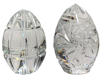 2 Exquisite Lead Crystal Large Size Hand Cut & Polished Egg Shaped Paperweights