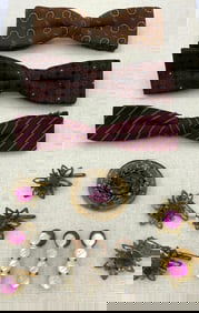 Vintage Men's Clip on Bow Ties, Early Plum Glass Shirt Studs, Brooch & Cuff Link Collection