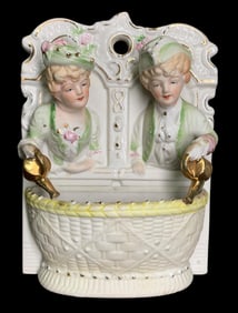 Delightful Vintage Japan Bisque Porcelain French Provencial Figural Window Box Wall Pocket