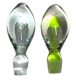 2 BLENKO Mid Century Art Glass Controlled Airtwist Large Size Decanter Stoppers, Lime #6741 & Clear