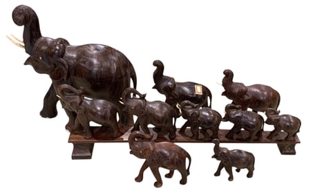 Vintage Hand Carved Exotic Wood Raised Trunk Good Luck Elephant Sculptures