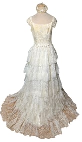 Mid Century Custom-Made Flounced Buttercream Lace Demi Train Wedding Gown & Antique Bridal Tiara