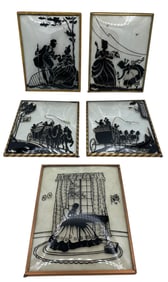 Five 1930s era Metal Framed Convex Glass Silhouette Wall Art
