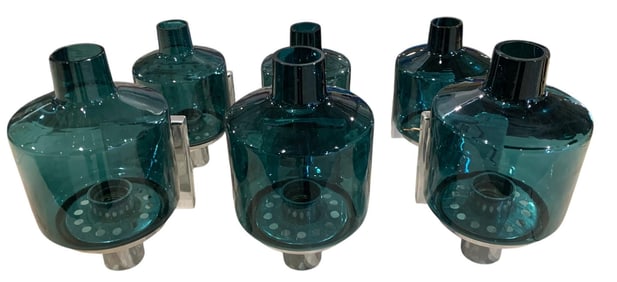 6 Mid Century Chrome & Dusky Aquamarine Glass Globe Wall Sconce Lights