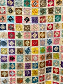 Hand Sewn Vintage Diamond Quilt Block Bed Coverlet, Quilt, Cottage Bedspread
