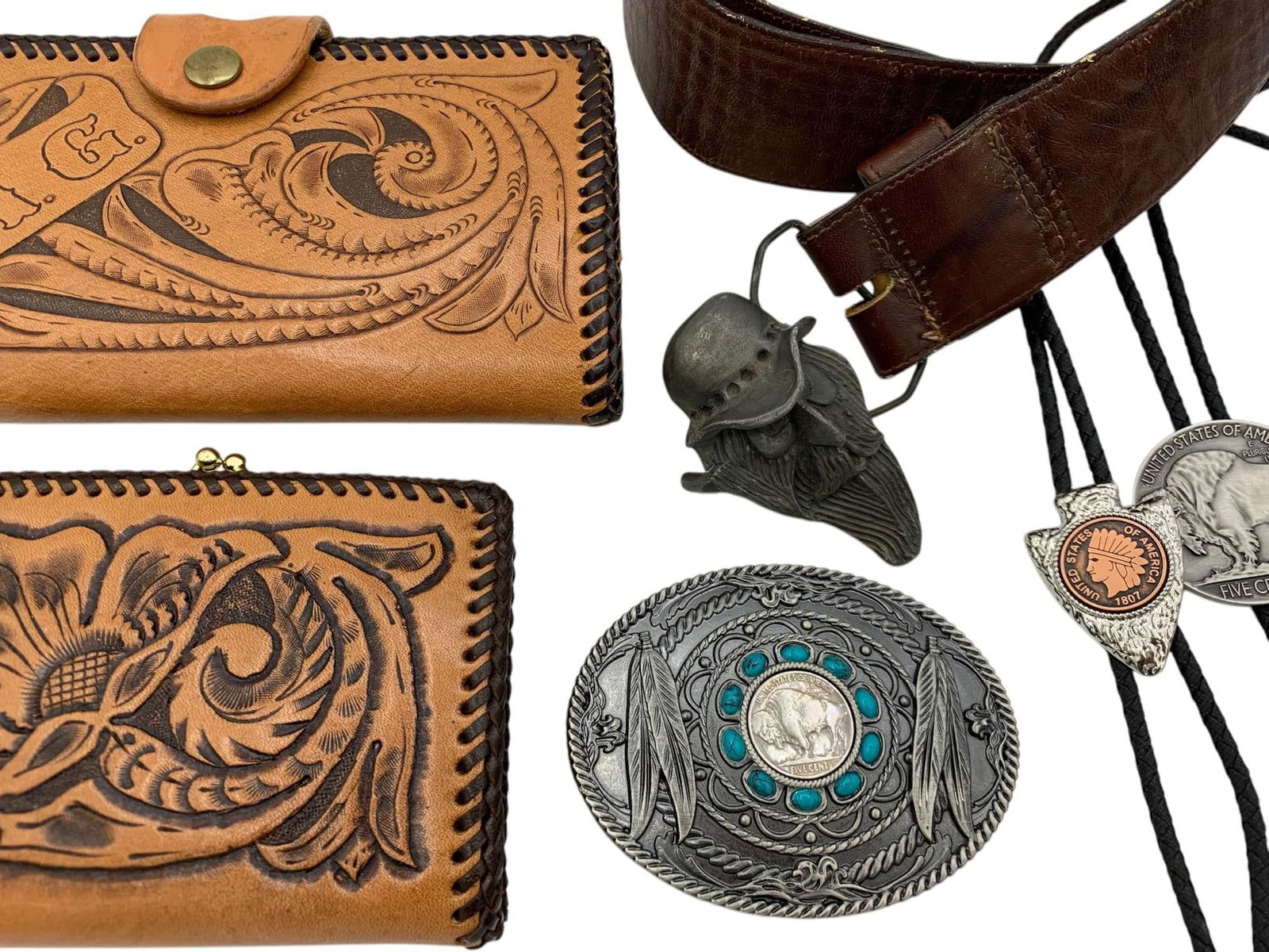 Wild West Hand Tooled Leather Wallets, Western Buckles, Leather Belt & Bolo Tie Collection (1 of 14)
