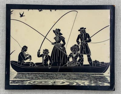 6 pc Vintage Cut Paper, Reverse Painted, Printed, Silhouette Wall Art Collection: Decades of collecting in this silhouette collage with hand trimmed paper, reverse painted glass, printed fabric and die cut paper images, 4 under glass, from 9 1/2" to 3 1/2", old tape to the rear of
