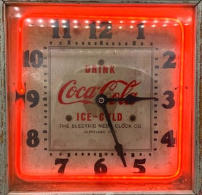 Rare 1930s Working Red Neon Drink Coca-Cola Electric Neon Clock Co. Cleveland OH Advertising Clock