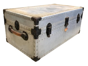 1930s Industrial Riveted Aluminum Travel Luggage, Leather Handle Storage Trunk with Tray