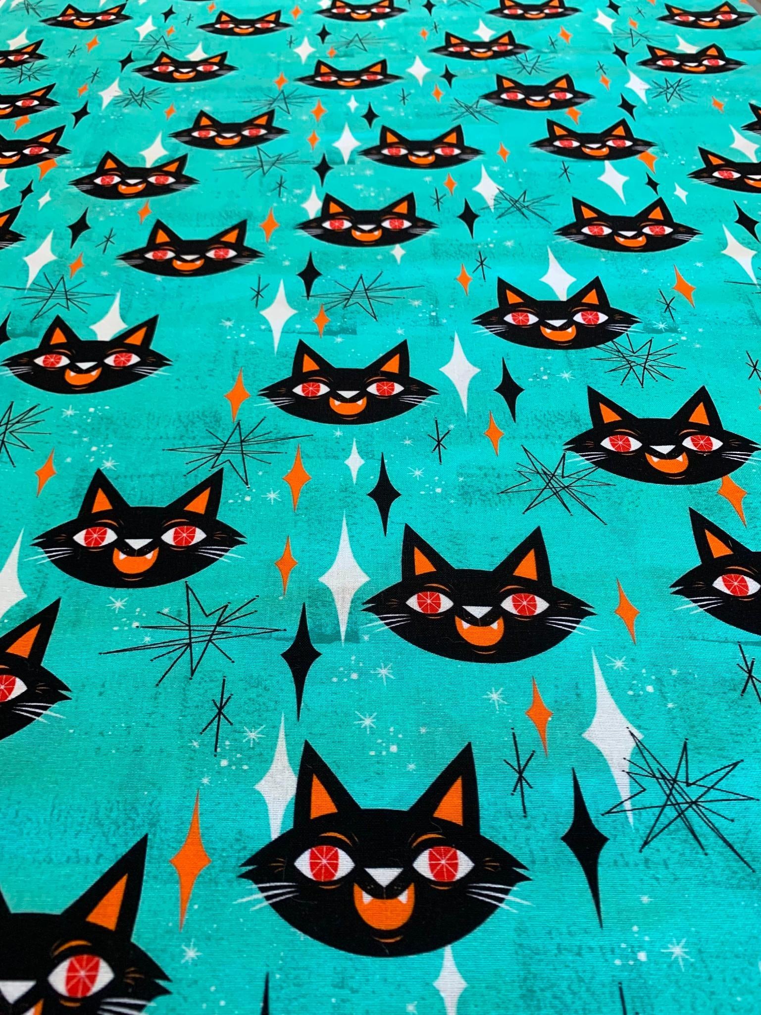 9 Yards Mid Century Style Black Cat Cotton Fabric, Designed by Johnny Yanok: Single Length, 42" wide x 9 yards, 100% cotton, Uncut in fantastic condition.