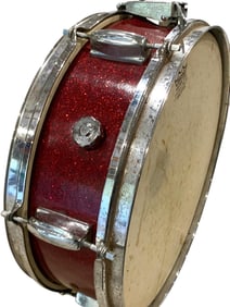 1960s Ruby Red Sparkle Glitter REMO Weather King Diplomat Batter Drum, Sticks, Stand & Case