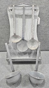 Graniteware wall mount utensil rack w/5 ladles