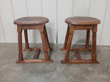 2- Early French Oak pegged Farm Milk Stools