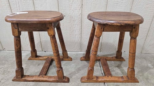 2- Early French Oak pegged Farm Milk Stools
