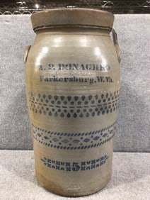 Highly decorated A.P. Donaghho 5gal stoneware churn jar