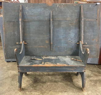 Great primitive blue painted Hutch Table: Nice blue paint! Top is 41in x 72in. Base bench is 43in long.