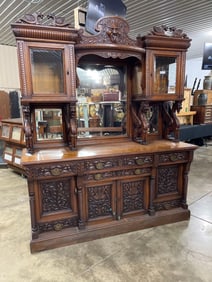 Beautiful Oak 2pc Carved Gargoyle Breakfront Cabinet