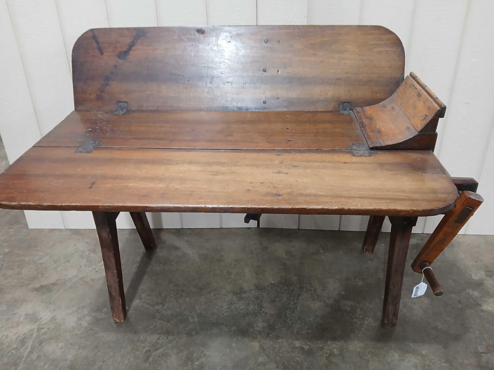 Primitive Flax Winder??: Unsure exactly what this is but appears could have something to do with flax or cotton? Table with drop wings on each side and wooden reel on one end. Has a great look!!! Top is 36in x 48 when wings a