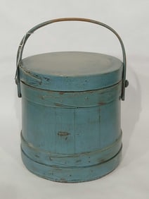 Primitive blue painted firkin bucket