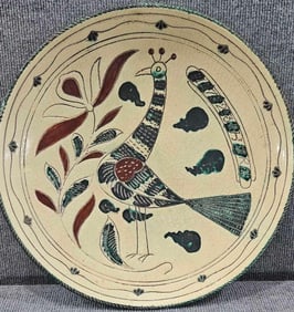Possibly Heinrich Roth Redware Turkey Sgraffito platter