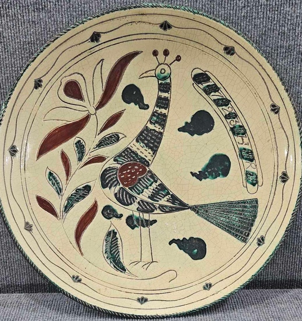 Possibly Heinrich Roth Redware Turkey Sgraffito platter: Italian, Possibly Heinrich Roth or after? With age crackling in Finish but overall is in great condition with a great look! 15in diameter.