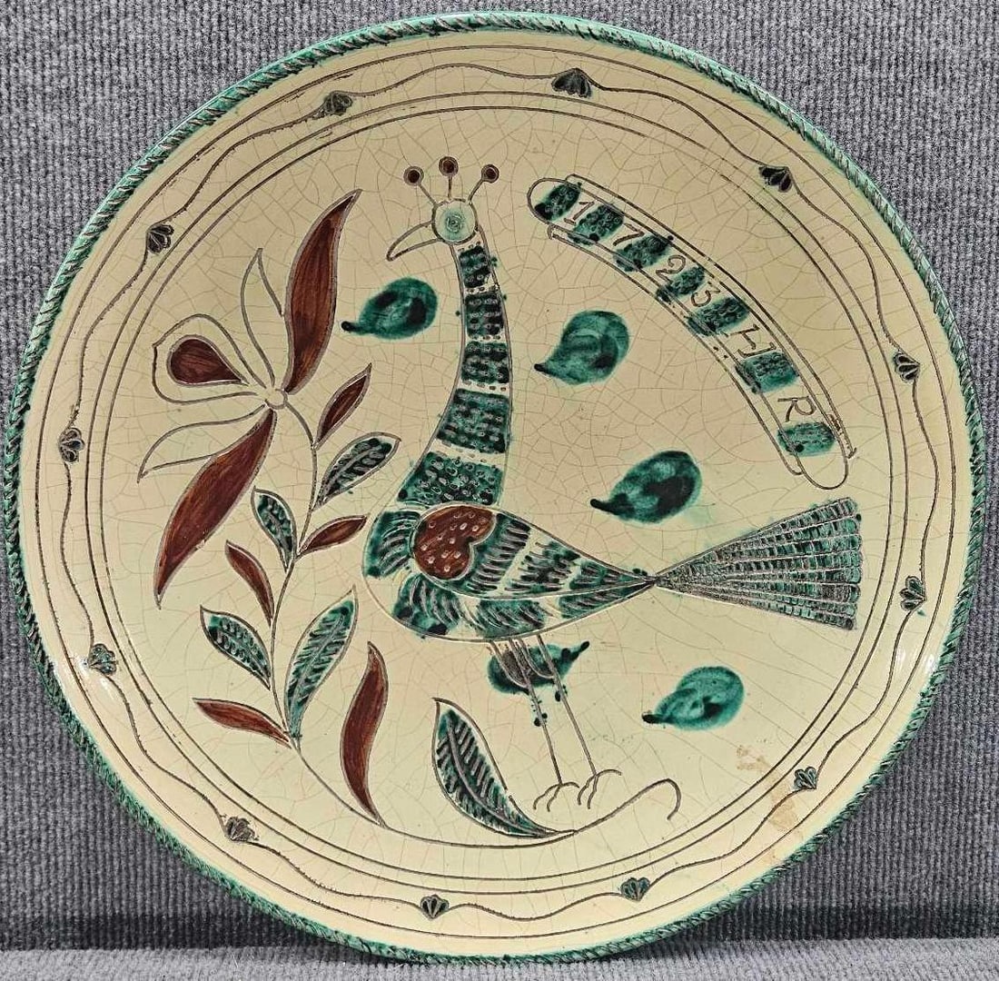 Possibly Heinrich Roth Redware Turkey Sgraffito platter: Italian, Possibly Heinrich Roth or after? With age crackling in Finish but overall is in great condition with a great look!! 15in diameter.