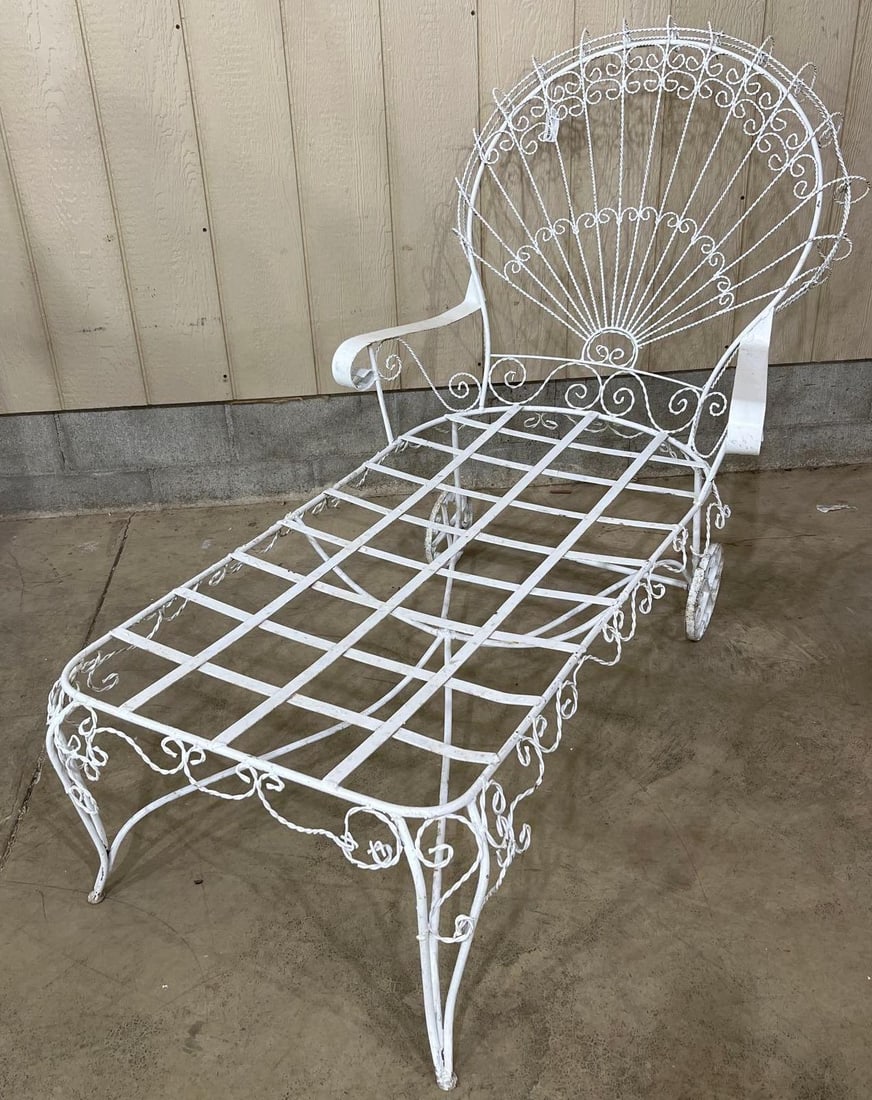 Wrought Iron Peacock Chaise Lounge: With wheels in rear for easy moving. 48in long 43in tall at back.