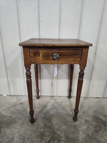 Early mixed wood 1 drw stand with turned legs