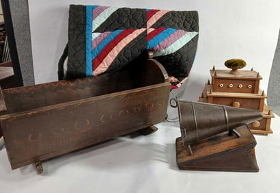 Hand Stitched Quilt, Cradle, Sewing Stand & Bellows