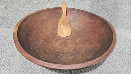 Primitive wooden butter bowl with paddle