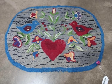 Great early "Love Birds" hooked rug