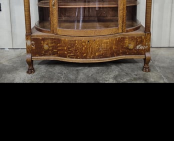 Beautiful veneered curved glass curio with drawers