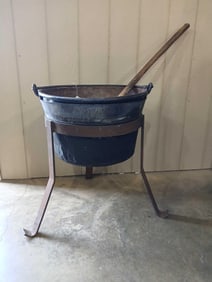 Copper Apple Butter kettle with stand and stirrer