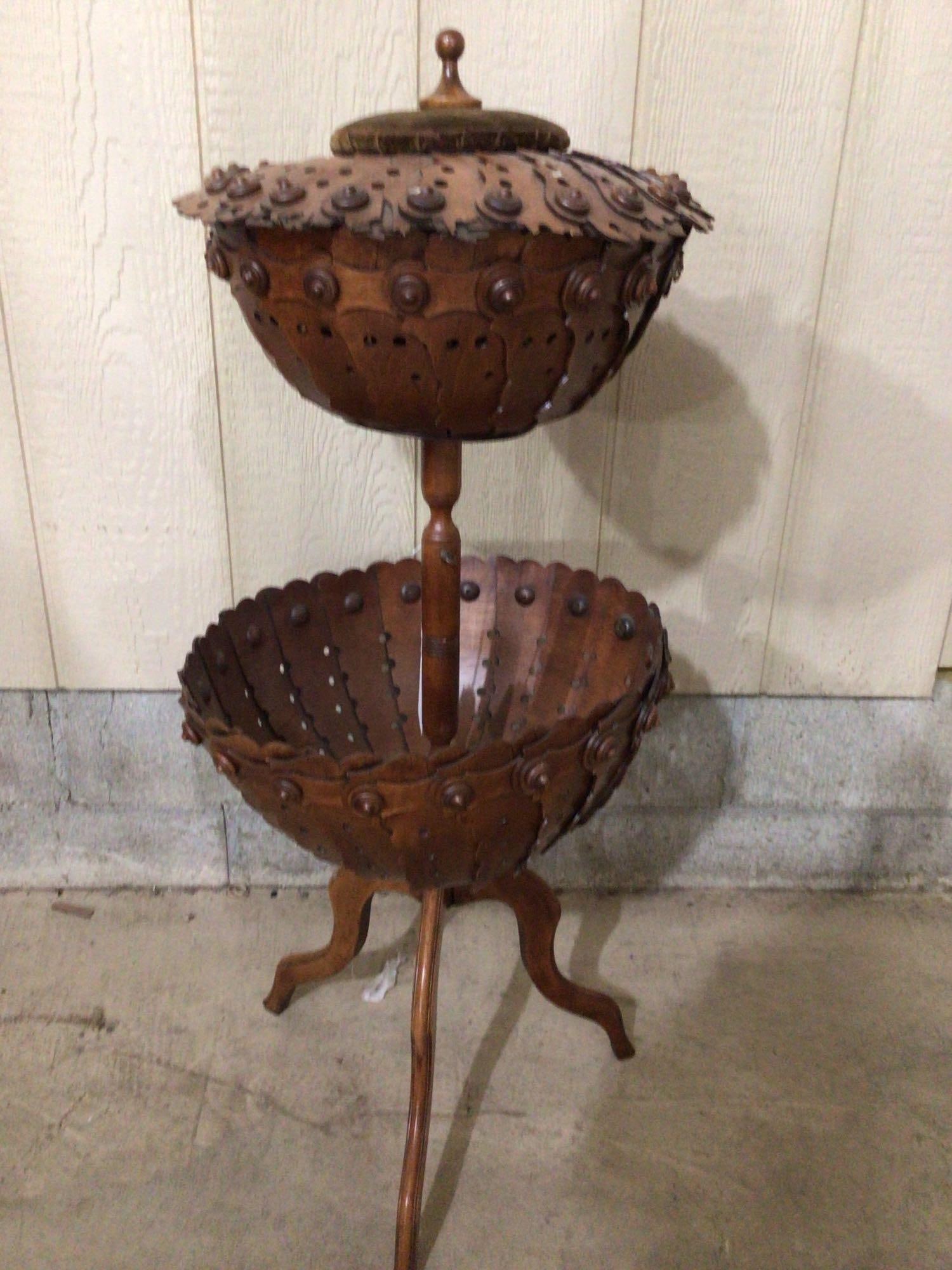 Unusual 19th C 2-tiered tri-pod Sewing Basket (1 of 9)