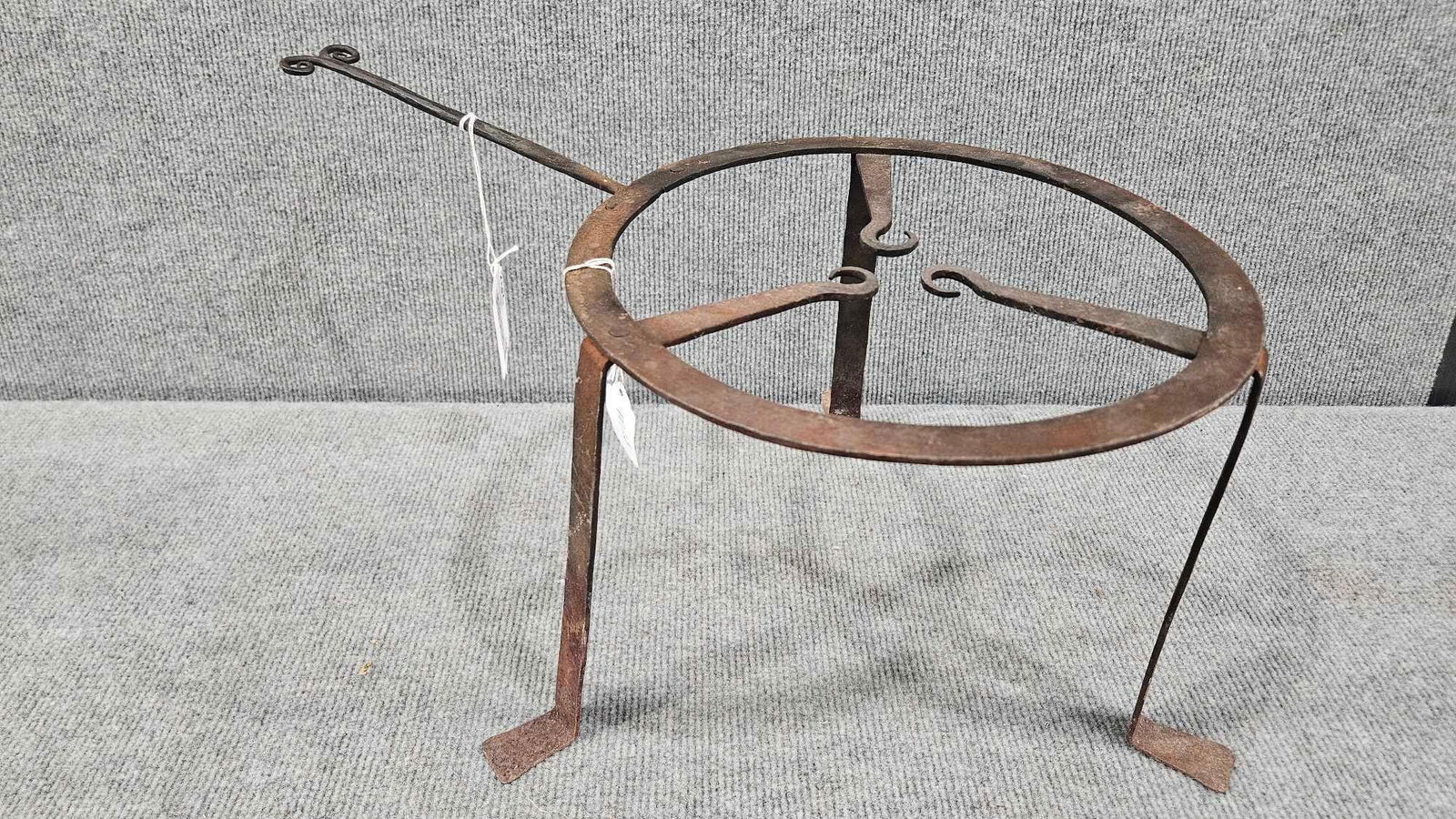 Hearthenware Fireplace Trivet: Nice blacksmith made piece! 11in diameter 8.5in tall handle is 8.5in long.