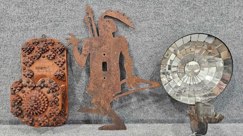 Iron Indian cutout, Tramp Art pc & candle sconce