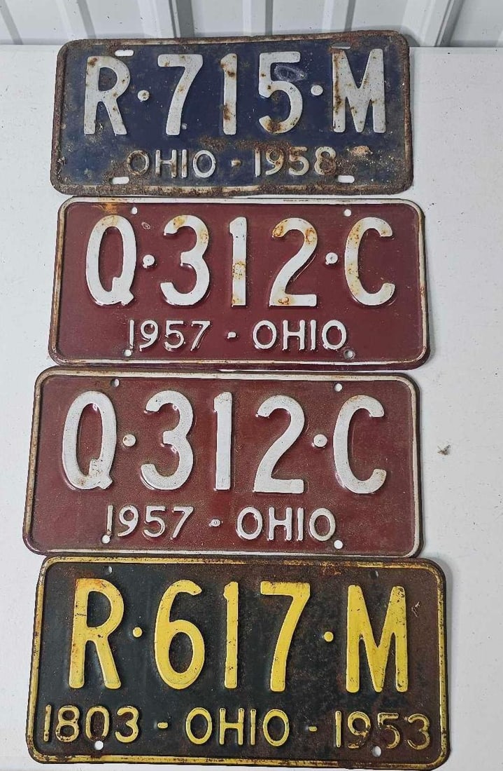 1950s & Centennial Ohio License Plates: Some surface spotting and bent edges.