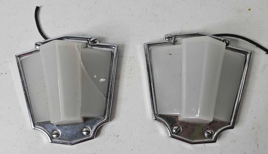 Cadillac Lasalle Milk Glass Dome Lights: One has a hairline crack, chrome is in good condition. Each is 5x5