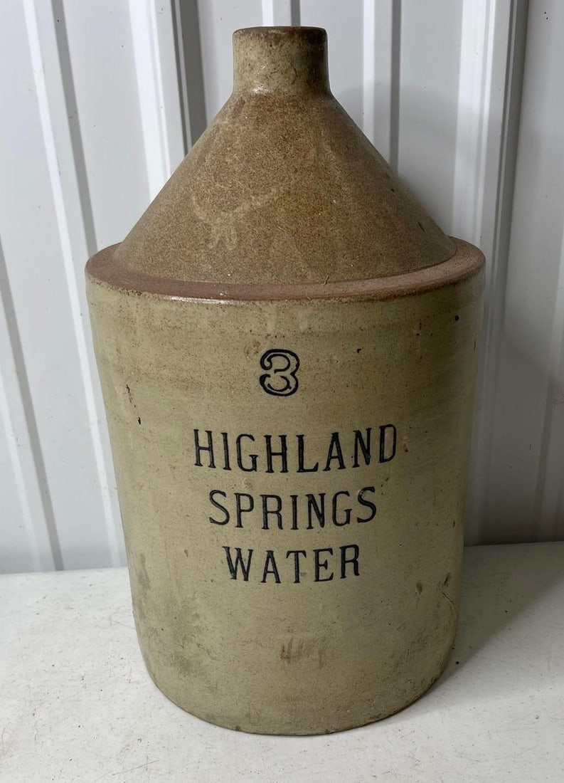 Highland Springs Water Crock: 3 Gallon crock. One small chip from top rim and one from the side. 16 inches tall