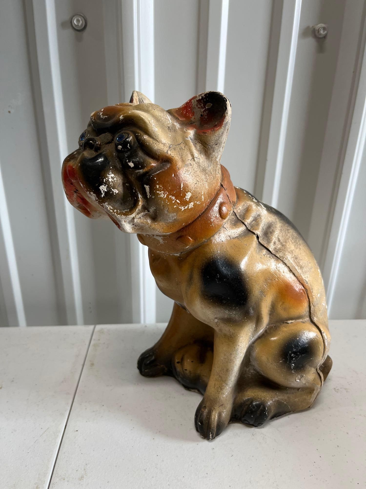 1930s Chalkware Boston Terrier: Blue gem eyes, a few spots of wore paint but no major chips or cracks. 10 inches tall