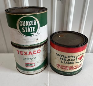 Wolfs Head, Texaco, and Quaker State Grease Cans