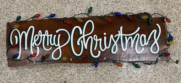 Merry Christmas Walnut Hand Painted Lighted Sign