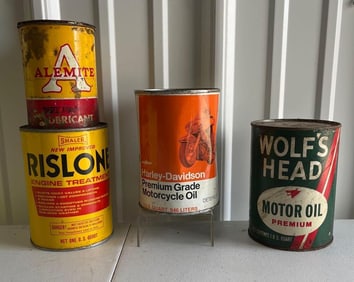Harley Davidson, Wolfs Head, Rislone, and Alemite Cans
