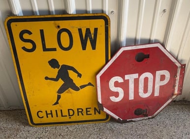 Bus Stop Sign & Slow Children Sign