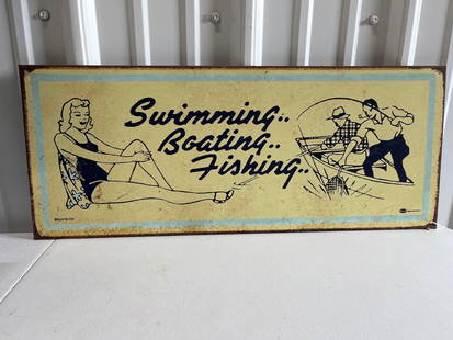 Mummerl Swimming Boating & Fishing Sign: Single Sided, Surface rusting along edges. Great fisherman & lady graphics.