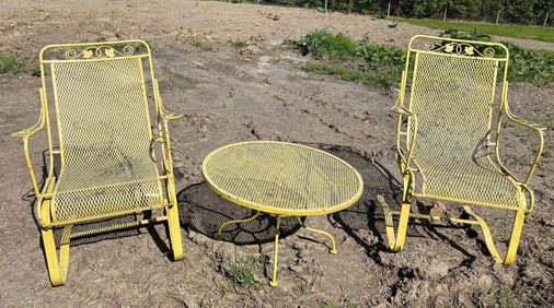 Yellow Wrought Iron Bouncer Chairs & Side Table
