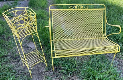 Yellow Wrought Iron Bench & Plant Stand